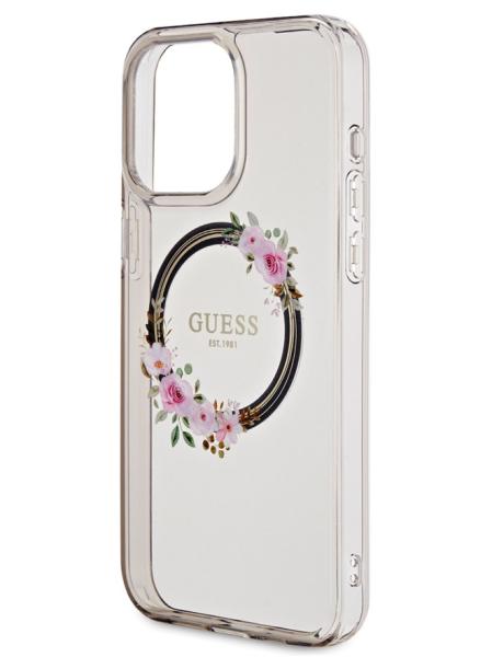 Guess для iPhone 15 Pro чехол PC/TPU Flowers Wreath Hard Black (MagSafe)