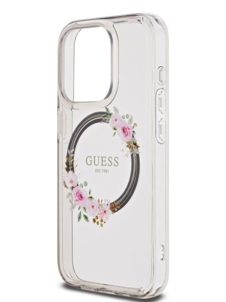 Guess для iPhone 15 Pro чехол PC/TPU Flowers Wreath Hard Black (MagSafe)