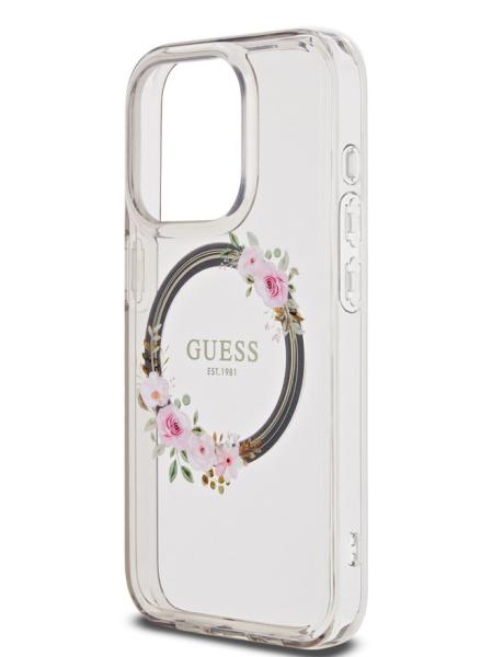 Guess для iPhone 15 Pro чехол PC/TPU Flowers Wreath Hard Black (MagSafe)