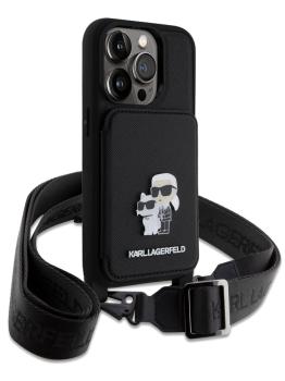 Lagerfeld для iPhone 15 Pro Max чехол Crossbody cardslot PU Saffiano NFT Karl&Choupette Hard Black