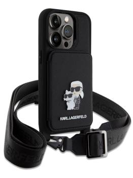 Lagerfeld для iPhone 15 Pro Max чехол Crossbody cardslot PU Saffiano NFT Karl&Choupette Hard Black