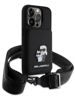 Lagerfeld для iPhone 15 Pro Max чехол Crossbody cardslot PU Saffiano NFT Karl&Choupette Hard Black