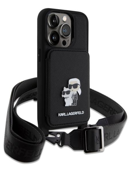 Lagerfeld для iPhone 15 Pro Max чехол Crossbody cardslot PU Saffiano NFT Karl&Choupette Hard Black