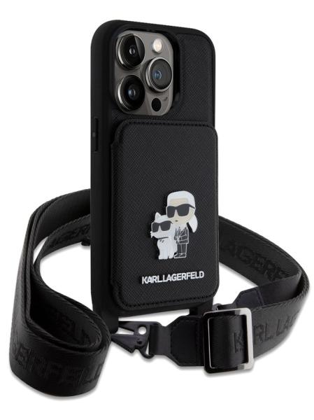Lagerfeld для iPhone 15 Pro Max чехол Crossbody cardslot PU Saffiano NFT Karl&Choupette Hard Black