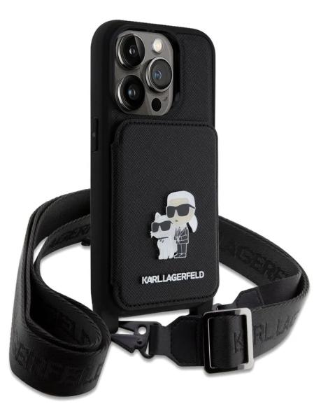 Lagerfeld для iPhone 15 Pro Max чехол Crossbody cardslot PU Saffiano NFT Karl&Choupette Hard Black