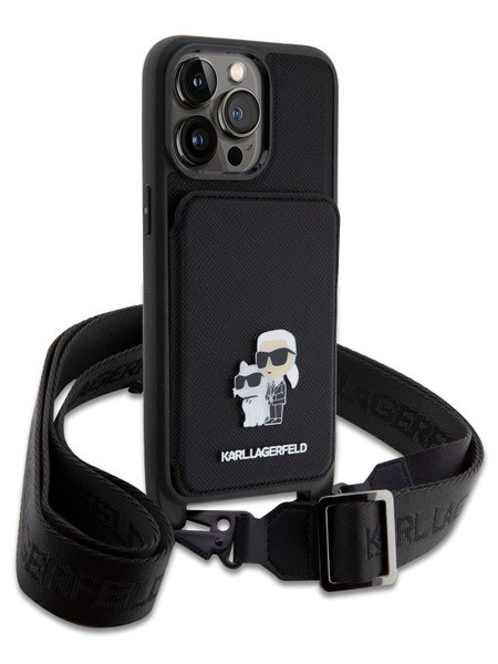 Lagerfeld для iPhone 15 Pro Max чехол Crossbody cardslot PU Saffiano NFT Karl&Choupette Hard Black